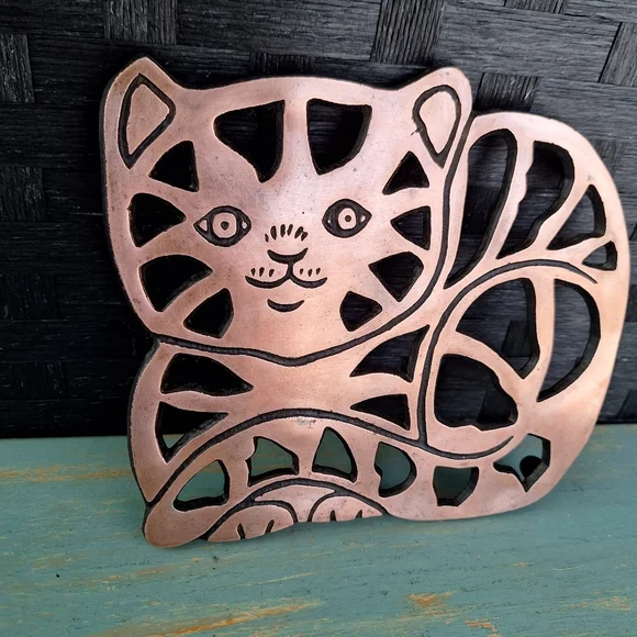 Vintage Cat Hot Pad Trivet Copper Kitchen Decor Pot Holder - Picture 4 of 16